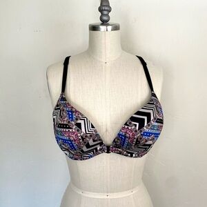 Victoria's Secret 36C Front Closure Black White Geometric Print Interlaced Strap